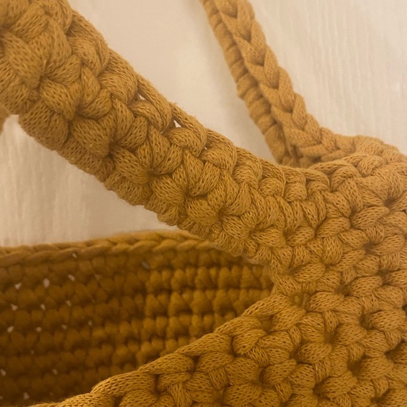 Vintage Handmade Crochet Woven Small Tote Bag Mustard Yellow Boho Trapillo - Picture 4 of 8